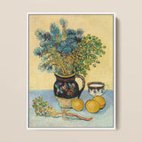 Still Life - Vincent Van Gogh Post-impressionism Art Print / Canvas Dark Blue Ceramic Pitcher Floral Bird Motifs Gold Vincent Gogh, Gogh’s