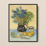 Still Life - Vincent Van Gogh Post-impressionism Art Print / Canvas Dark Blue Ceramic Pitcher Gold Rim Floral Patterns, Gogh’s Masterful,