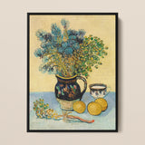 Still Life - Vincent Van Gogh Post-impressionism Art Print / Canvas Dark Blue Ceramic Pitcher Gold Rim Floral Patterns Vincent Gogh, Gogh’s
