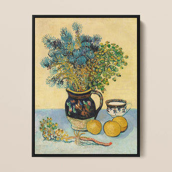 Still Life - Vincent Van Gogh Post-impressionism Art Print / Canvas Dark Blue Ceramic Pitcher Gold Rim Floral Patterns Vincent Gogh, Gogh’s
