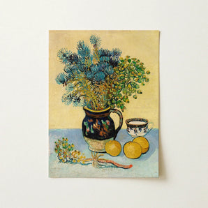Still Life - Vincent Van Gogh Post-impressionism Art Print / Canvas Dark Blue Ceramic Pitcher Ornate Floral Patterns Holds, Gogh’s