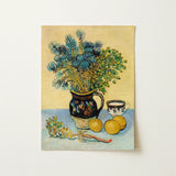 Still Life - Vincent Van Gogh Post-impressionism Art Print / Canvas Dark Blue Ceramic Pitcher Ornate Floral Patterns Holds, Gogh’s