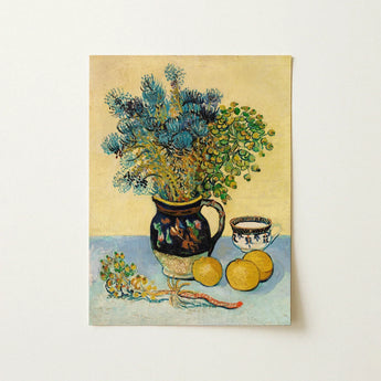 Still Life - Vincent Van Gogh Post-impressionism Art Print / Canvas Dark Blue Ceramic Pitcher Ornate Floral Patterns Holds, Gogh’s