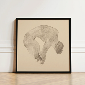 Framed Charcoal Sketch Nude Figure Arched Downward Pose Reijer Stolk, Stooping Naked Man, Bare Male Body, Spine Pitched Steeply, Forward,