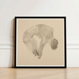 Framed Charcoal Sketch Human Figure Arched Downward Pose Reijer Stolk, Stooping Naked Man, Bare Male Body, Spine Pitched Steeply, Forward,