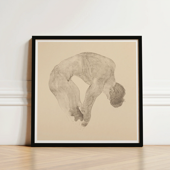Framed Charcoal Sketch Human Figure Arched Downward Pose Reijer Stolk, Stooping Naked Man, Bare Male Body, Spine Pitched Steeply, Forward,