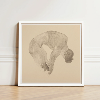 Minimalist White-framed Artwork Delicate Monochromatic Sketch Human Figure Reijer Stolk, Stooping Naked Man, Bare Male Body, Spine Pitched