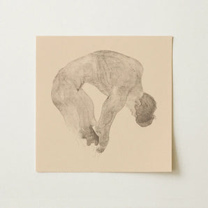 Stooping Naked Man - Reijer Stolk Art Print / Canvas Delicate Graphite Sketch Beige Paper Depicts Figure Arched, Bare Male Body, Spine