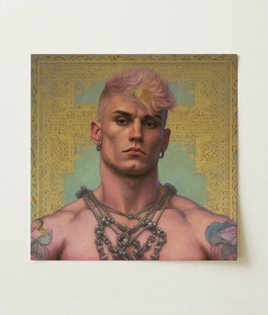 Square-framed Portrait Painting Muscular Man Pink Blonde Hair Fine Art Paper, Bold Statements, Gay