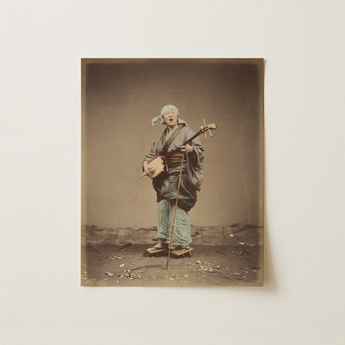 Vintage Sepia-toned Photographic Print Traditional Japanese Musician Ceremonial Art, Street Minstrel, Mouth Hangs Open, 1870s Yokohama