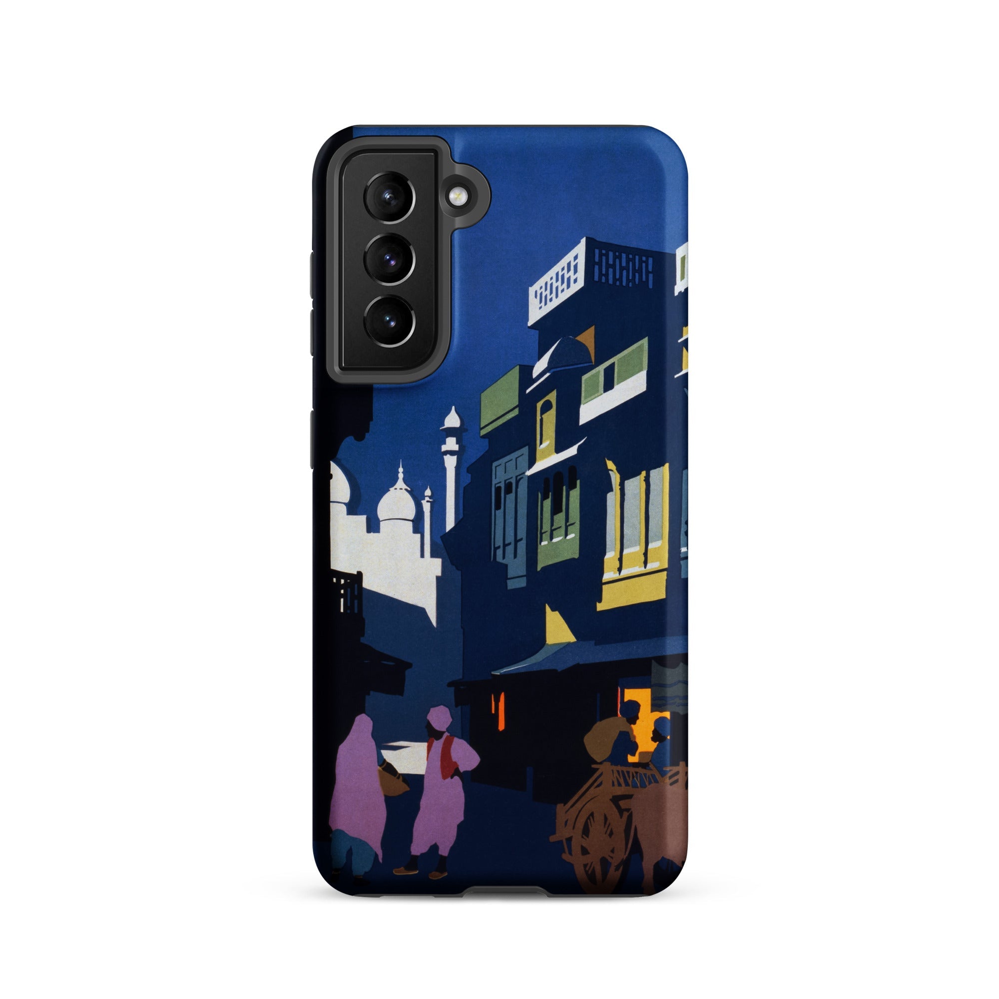 Street by Moonlight - India Travel Poster Samsung Case, Galaxy S21 / Matte, Dark Blue Phone Case Intricate Colorful Illustration Street