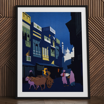 A Street by Moonlight - Visit India 1920s Stampa d'arte / Tela, 24x32’’ / 61x81cm / Cornice nera / Passepartout, Poster Stampe e Arte visiva,