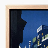 Framed Canvas Print Stylized Illustration Buildings Deep Blue Visit India 1920s, Indian Evening Exhales, Cobalt Moon