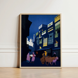Framed Illustration Vibrant Street Scene Buildings Deep Blue Visit India 1920s, Indian Evening Exhales, Cobalt Moon
