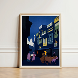 Framed Artwork Stylized Nighttime Street Scene Buildings Navy Visit India 1920s, Indian Evening Exhales, Cobalt Moon