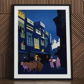 A Street by Moonlight - Visit India 1920s Art Print / Canvas Framed Scene Vibrant Colors Detailed, Indian Evening Exhales, Cobalt Moon