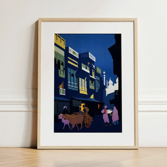 A Street by Moonlight - Visit India 1920s Art Print / Canvas Framed Art Print Stylized Nighttime Street Scene Buildings Visit India 1920s,