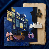 A Street by Moonlight - Visit India 1920s Art Print / Canvas Stylized Illustrated Cityscape Print Bold Geometric Buildings Yellow Visit