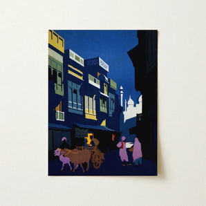 A Street by Moonlight - Visit India 1920s Art Print / Canvas Stylized Night Scene Painting Vibrant Blue Yellow, Indian Evening Exhales,