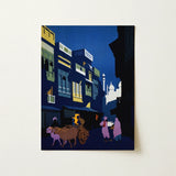 A Street by Moonlight - Visit India 1920s Art Print / Canvas Stylized Night Scene Painting Vibrant Blue Yellow, Indian Evening Exhales,