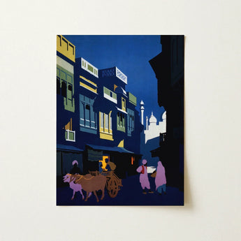 A Street by Moonlight - Visit India 1920s Art Print / Canvas Stylized Night Scene Painting Vibrant Blue Yellow, Indian Evening Exhales,