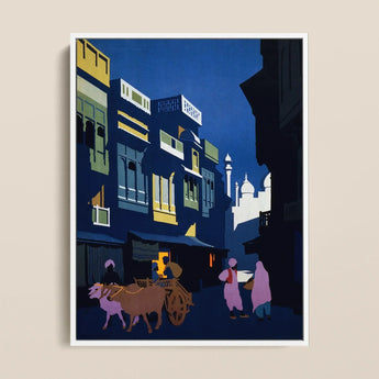 A Street by Moonlight - Visit India 1920s Art Print / Canvas Stylized Night Street Scene Poster Bold Blue Yellow Visit India 1920s, Indian