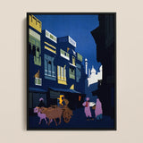 A Street by Moonlight - Visit India 1920s Art Print / Canvas Stylized Urban Street Scene Painting Bold Navy Blue Visit India 1920s, Indian