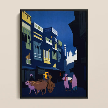 A Street by Moonlight - Visit India 1920s Art Print / Canvas Stylized Urban Street Scene Painting Bold Navy Blue Visit India 1920s, Indian