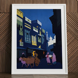 A Street by Moonlight - Visit India 1920s Art Print / Canvas White Framed Poster Colorful Scene Illustration, Indian Evening Exhales,