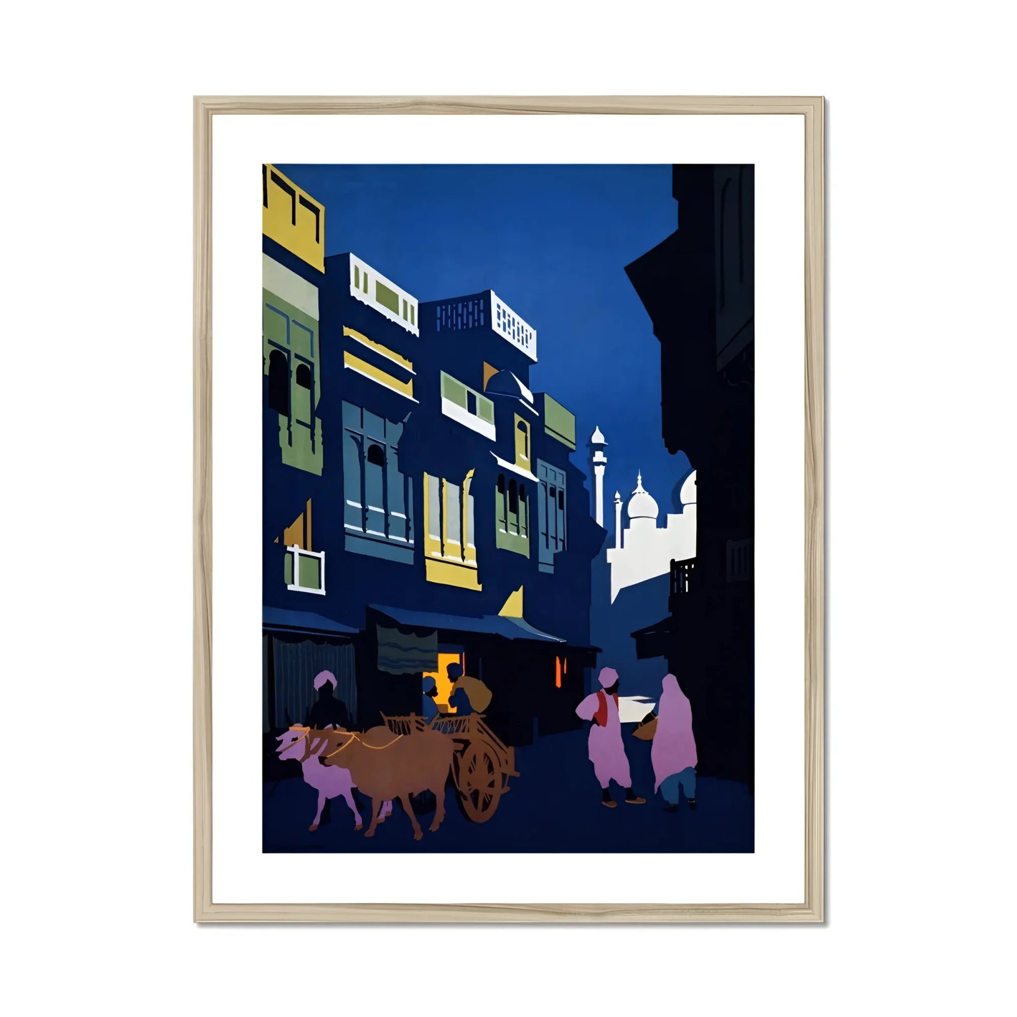 A Street by Moonlight - Visit India 1920s Art Print, Framed Street Scene Painting
