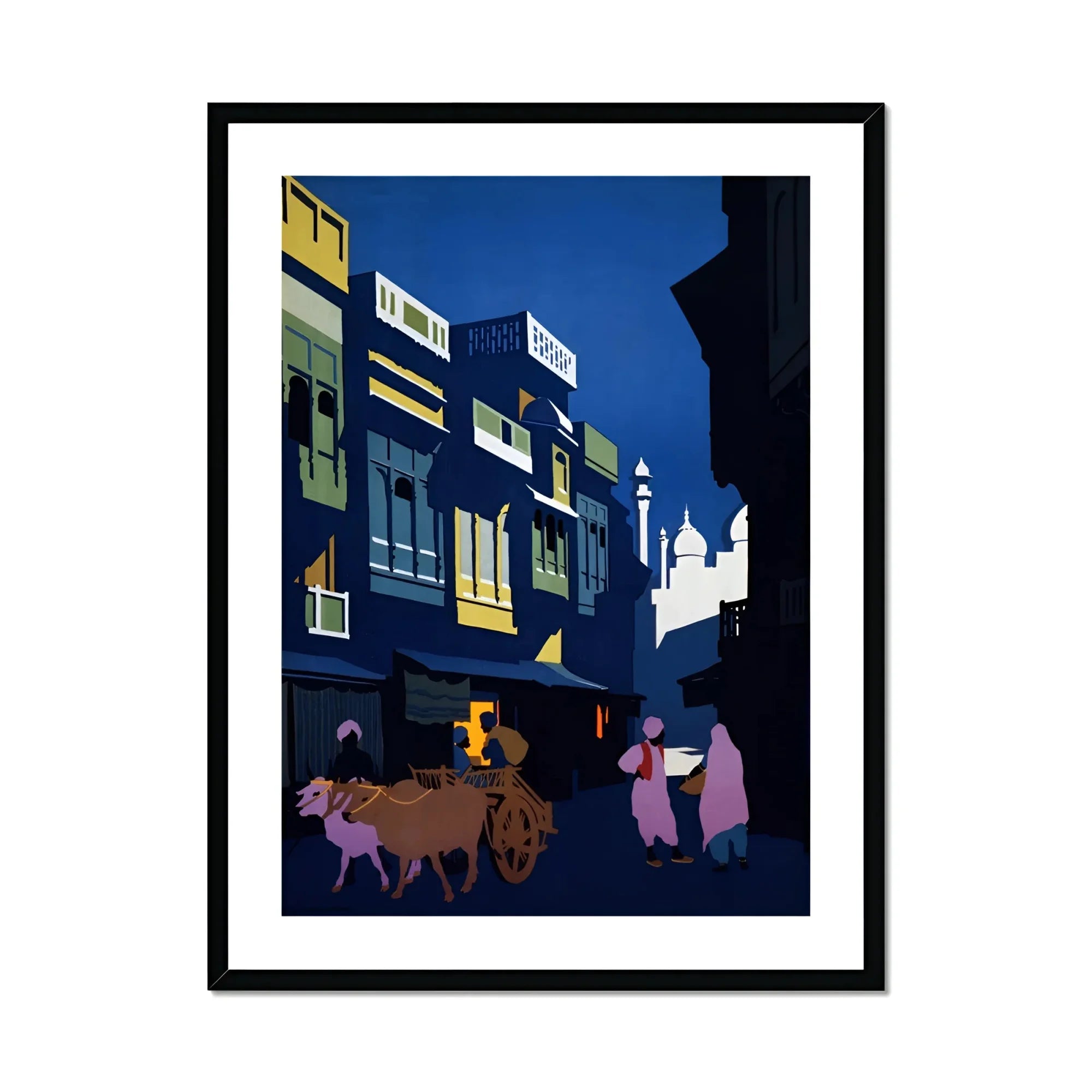 A Street by Moonlight - Visit India 1920s Art Print, Framed Street Scene Painting