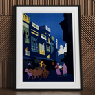 A Street by Moonlight - Visit India 1920s Art Print, Framed Street Scene Painting