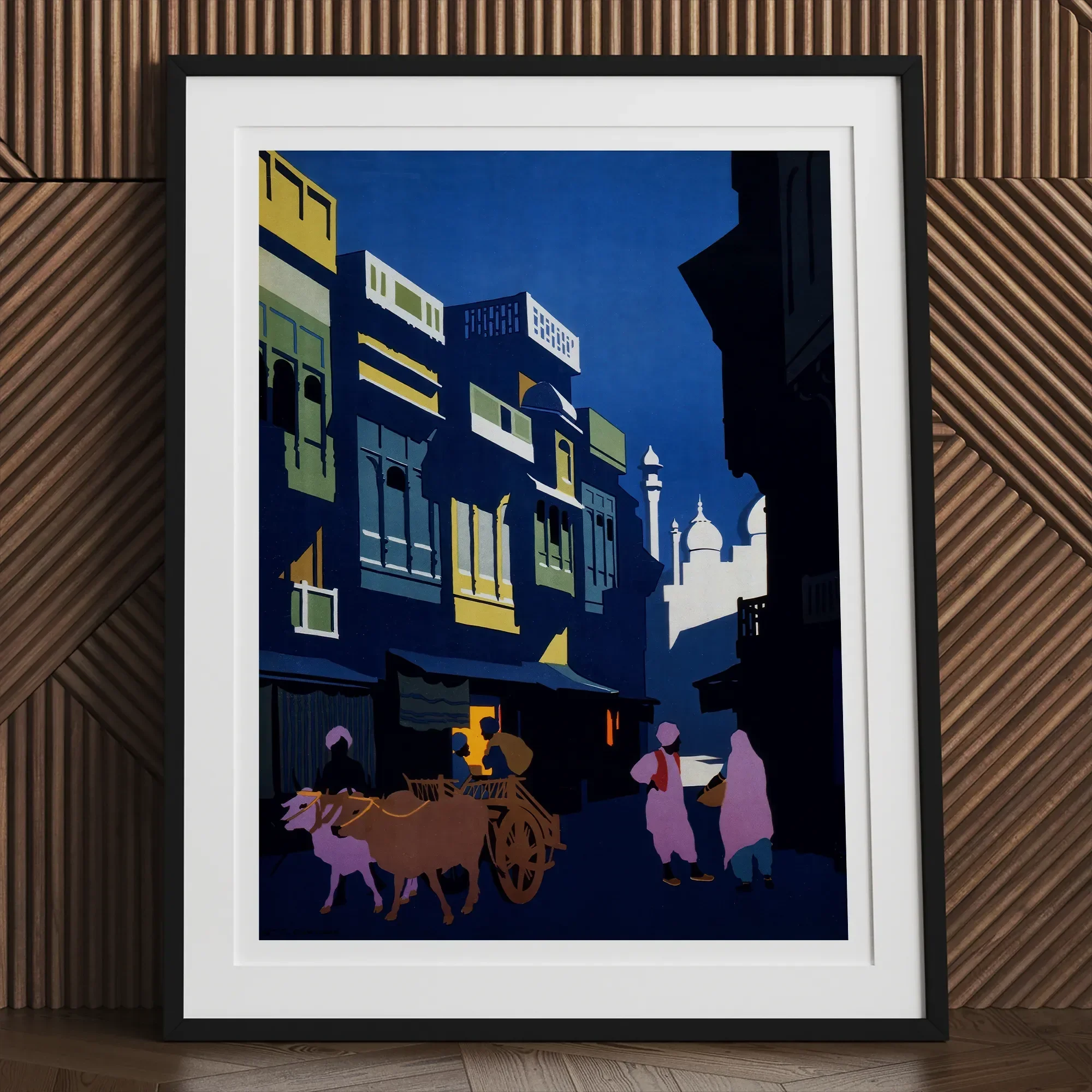 A Street by Moonlight - Visit India 1920s Art Print, Framed Street Scene Painting