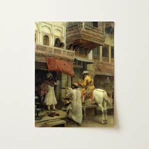 Street Scene in India - Edwin Lord Weeks Art Print / Canvas Framed Painting Ornate Indian Courtyard Figures, Turmeric-gold Halts Beneath