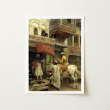 Street Scene in India - Edwin Lord Weeks Art Print / Canvas Framed Classical Painting Ornate Indian, Turmeric-gold Halts Beneath Carved