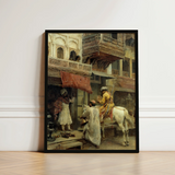 Black-framed Canvas Print Historical Street Scene Figures Traditional Edwin Lord Weeks Art, Turmeric-gold Halts Beneath Carved Stone, Ivory