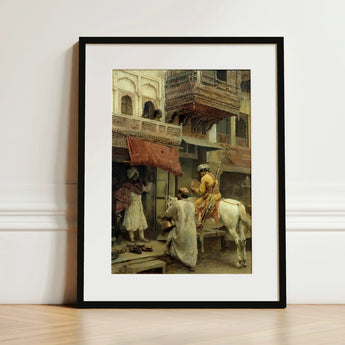 Street Scene in India - Edwin Lord Weeks Art Print / Canvas Black-framed Historical Figures Traditional Attire, Turmeric-gold Halts Beneath