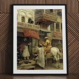Street Scene in India - Edwin Lord Weeks Art Print / Canvas Black Framed White, Turmeric-gold Halts Beneath Carved Stone, Ivory Horse