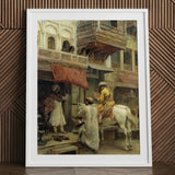 Street Scene in India - Edwin Lord Weeks Art Print / Canvas White Framed Artwork Figures Architecture, Turmeric-gold Halts Beneath Carved