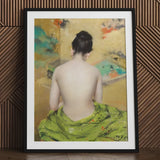 Study of Flesh and Gold - William Merritt Chase Art Print / Canvas Framed Painting Woman Vibrant Green Garment Subtle Floral, Enigmatic