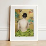 Study of Flesh and Gold - William Merritt Chase Art Print / Canvas Framed Woman Vibrant Green Patterned Garment, Enigmatic Allure, Chase’s