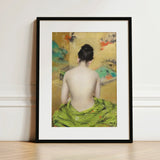 Study of Flesh and Gold - William Merritt Chase Art Print / Canvas Framed Woman Vibrant Green Patterned Garment, Enigmatic Allure, Chase’s