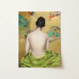 Study of Flesh and Gold - William Merritt Chase Art Print / Canvas Vibrant Green Satin-draped Figure High Bun Seated Abstractly, Enigmatic