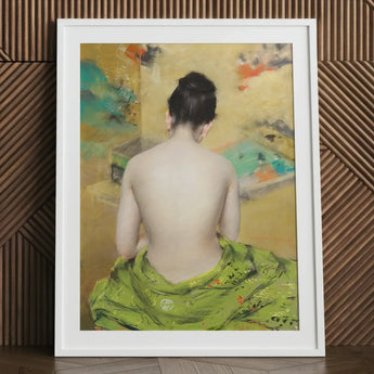 Study of Flesh and Gold - William Merritt Chase Art Print / Canvas White-framed Woman Vibrant Green Fabric Viewed, Enigmatic Allure,