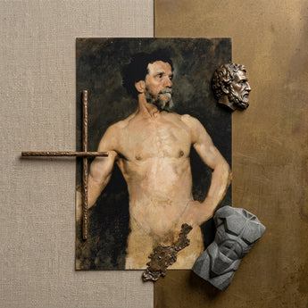Study of a Male Model - Albert Edelfelt Fine Art Print / Canvas Bronze-colored Sculptural Head Detailed Beard Curly Hair Parisian, Ochre