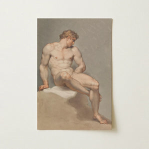 Study of a Male Nude - Edward Francis Burney Fine Art Print / Canvas Classical-style Muscular Figure Seated Contemplative, Erotic Monolith,