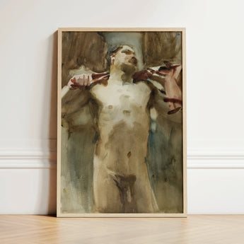Study Male Nude Figure - John Singer Sargent Art Print / Canvas Framed Painting Expressive Earthy Tones, Prints