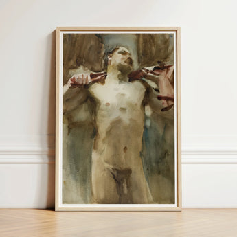 Study Male Nude Figure - John Singer Sargent Art Print / Canvas Framed Watercolor Painting Visible Brushstrokes, Prints