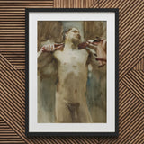 Study Male Nude Figure - John Singer Sargent Art Print / Canvas Framed Watercolor Painting Reddish-brown Hands, Prints