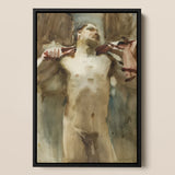 Study Male Nude Figure - John Singer Sargent Art Print / Canvas Framed Watercolor Painting Reddish-brown Hands, Prints
